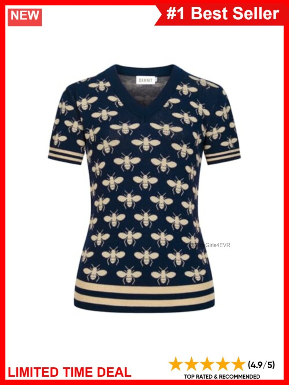 1960s Vintage Bee Pattern V-Neck Knit Short Sleeve T-Shirt Cotton Retro Top